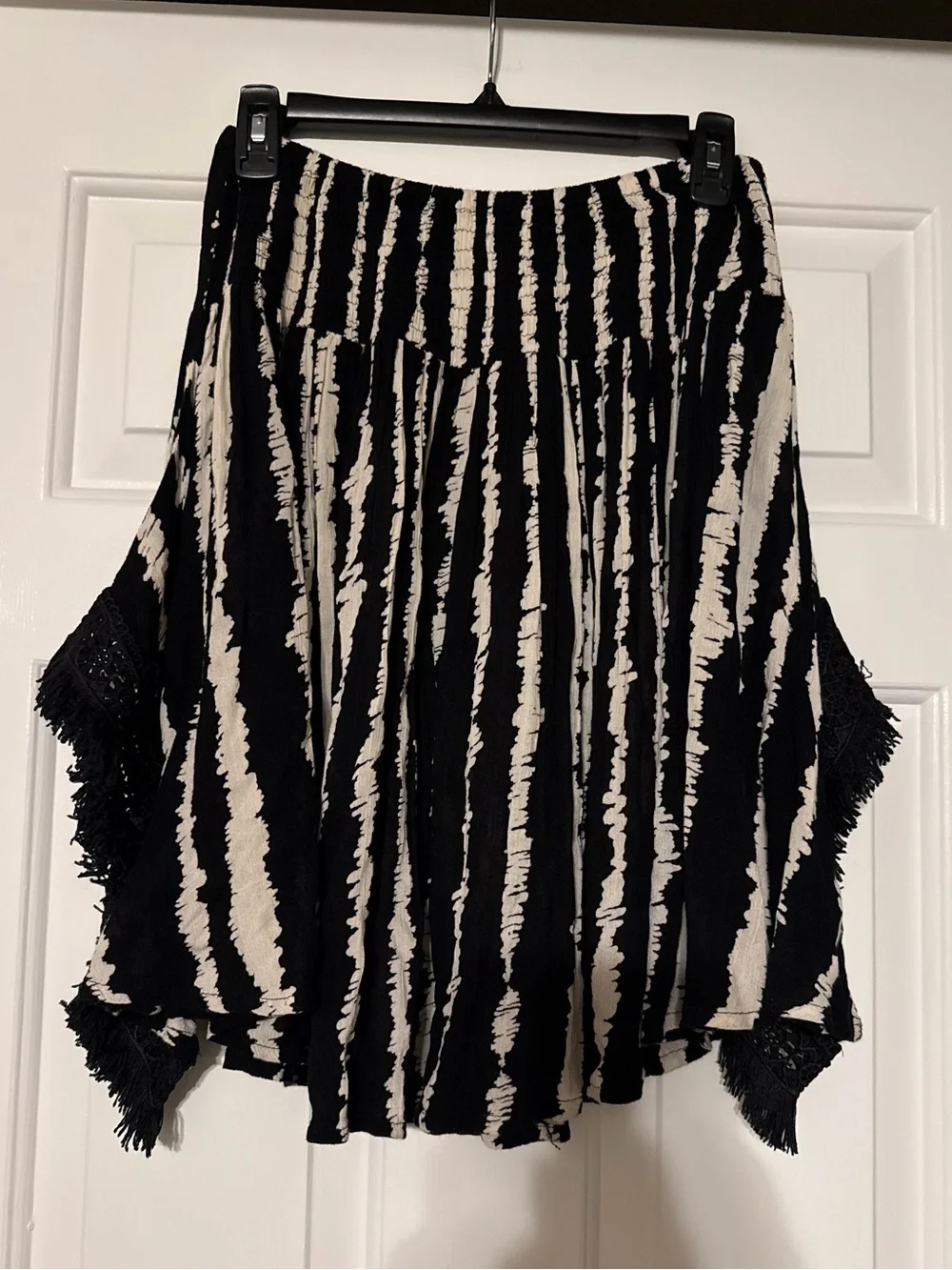 Mud Pie Black White Striped Boho Smocked Skirt Tassel Trim S/M Handkerchief